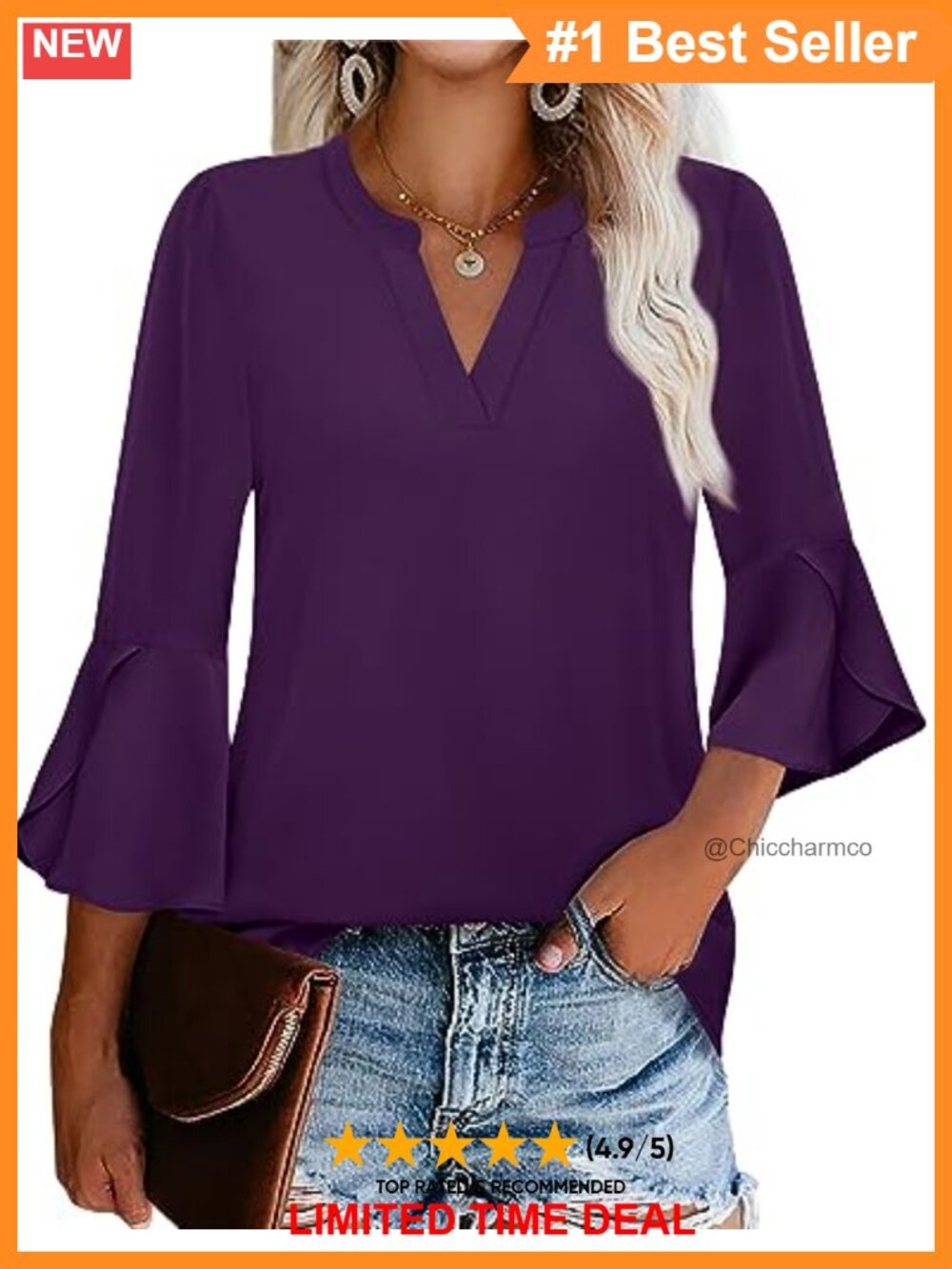 Women's Chiffon Ruffle 3/4 Bell Sleeve V-Neck Work Blouse Loose Fit Top